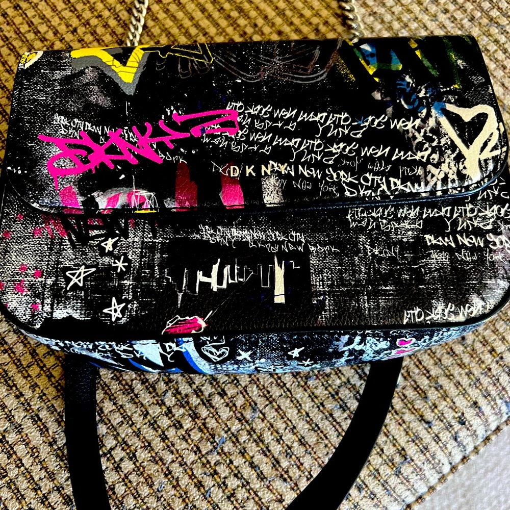 DKNY Sina Small Flap Shoulder Bag Black & Multi Graffiti Print Silver Chain
